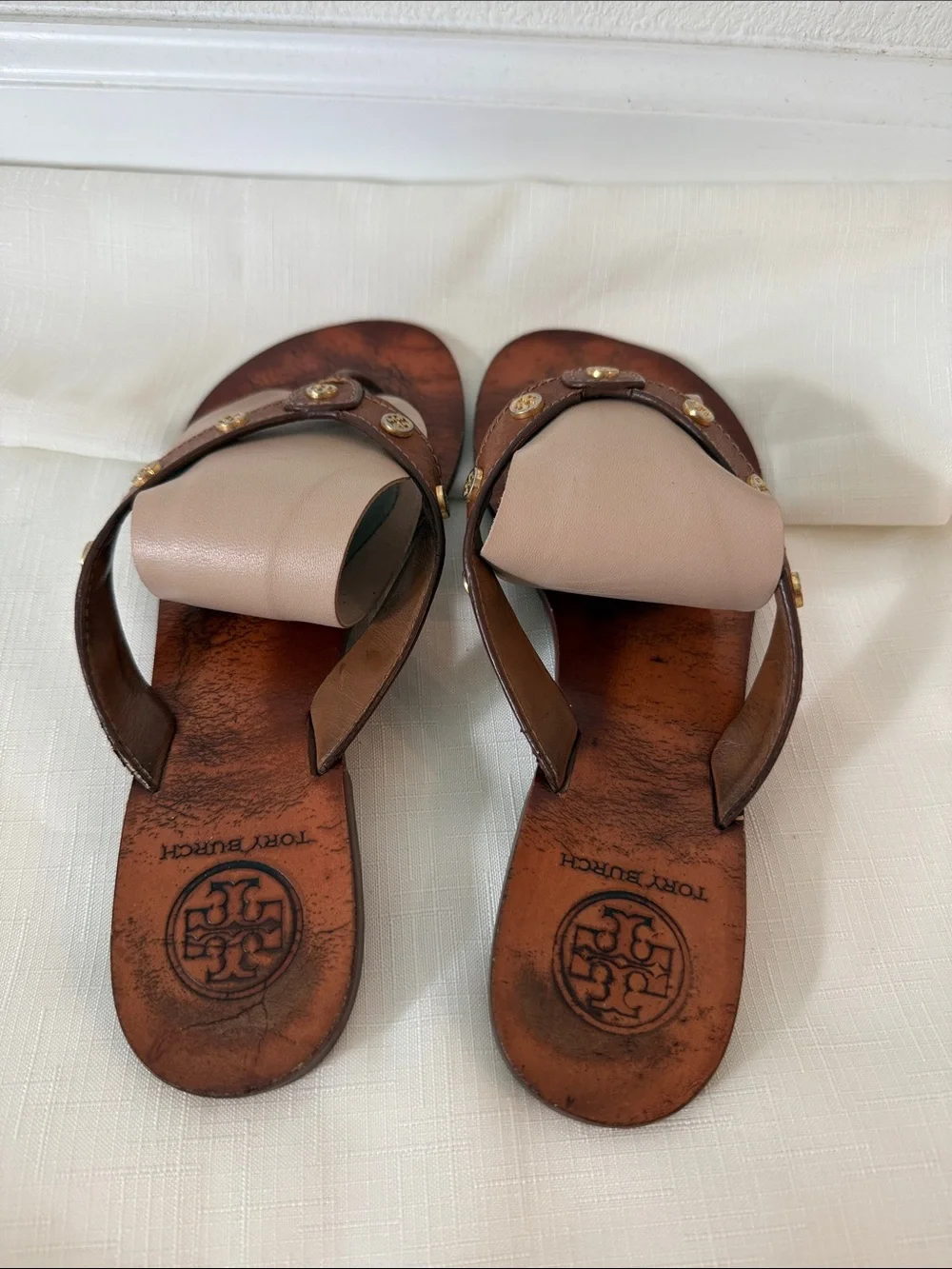 Tory Burch Brown Leather Thong Sandals with Beige Upper and Gold Logo Studs